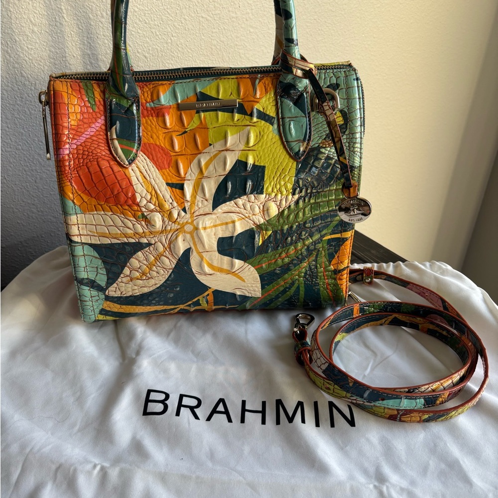 Brahmin Artistic Green and Orange Satchel with Floral Pattern